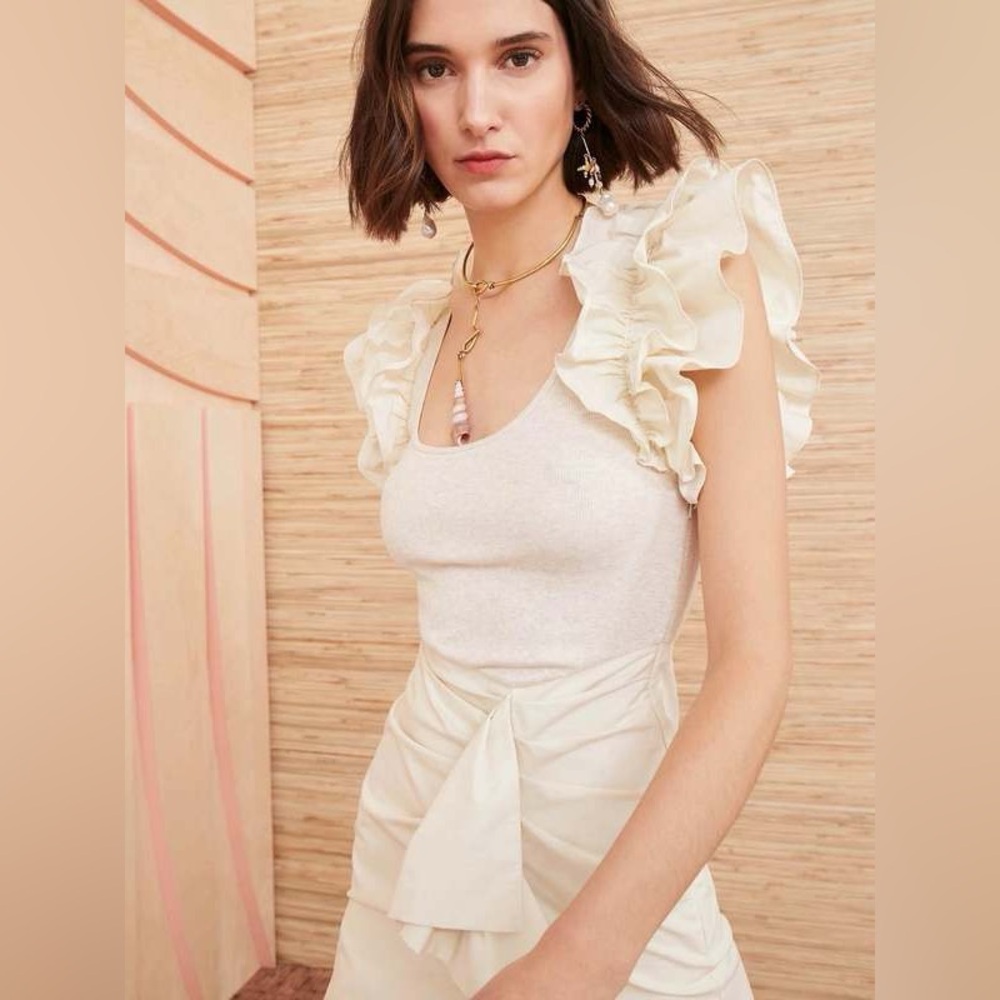 Ulla Johnson Isabella Ruffled Midi Dress in Ivory Melange Beige Size: XS - Picture 5 of 15